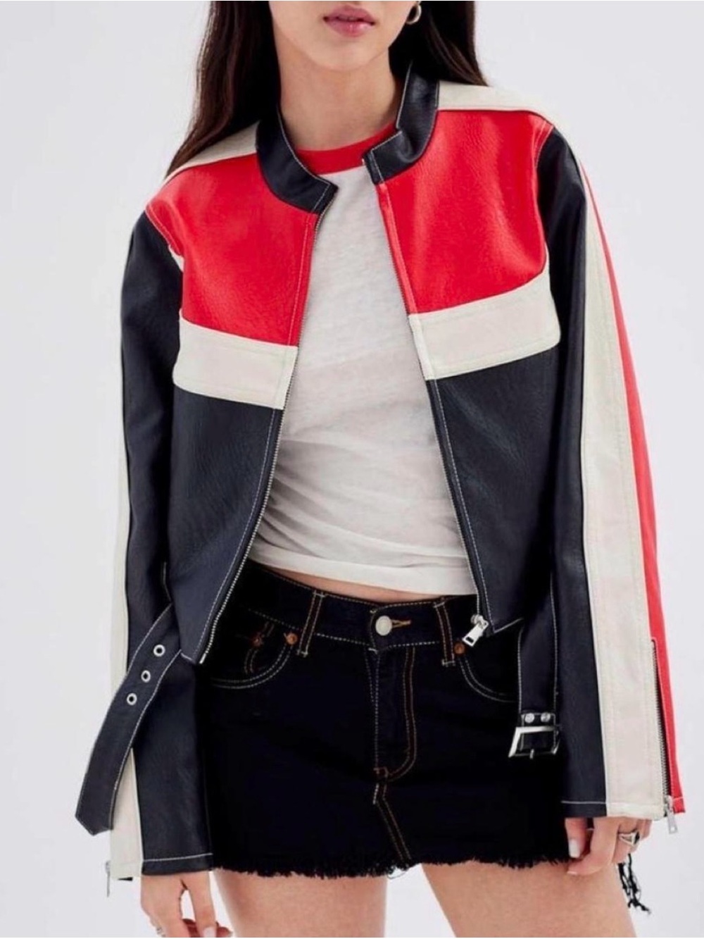 Red & White Stripe Urban Outfitters Black Moto Vegan Leather Jacket Size Large